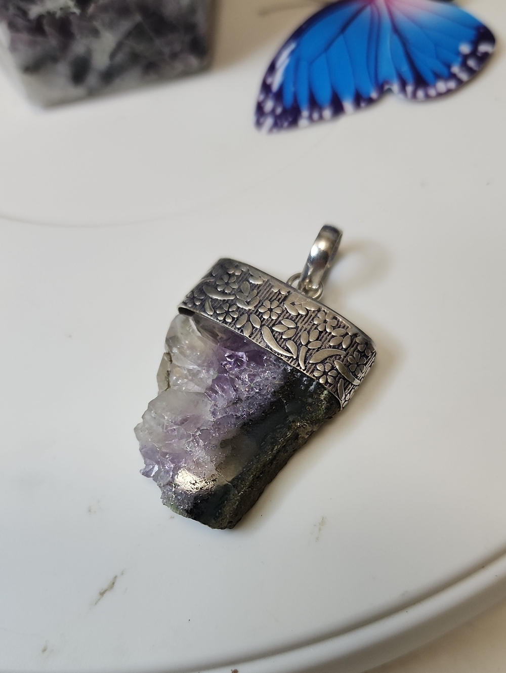 Amethyst Crystal Pendant with Floral Silver Cap - Purple
